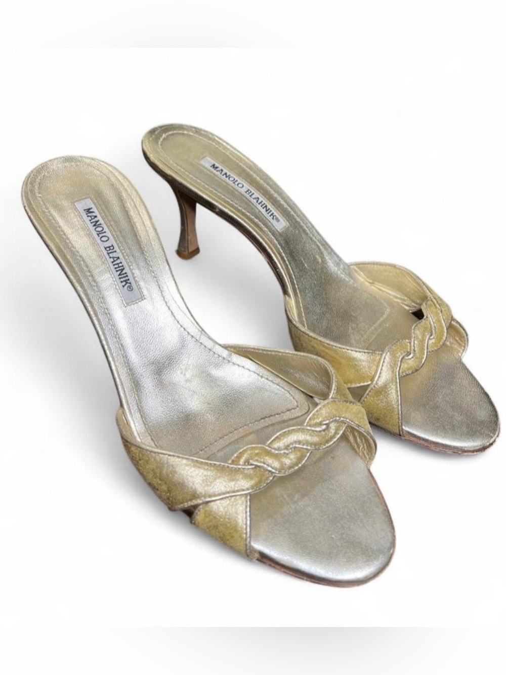Vintage Manolo Blahnik gold metallic kitten heel open toe mules